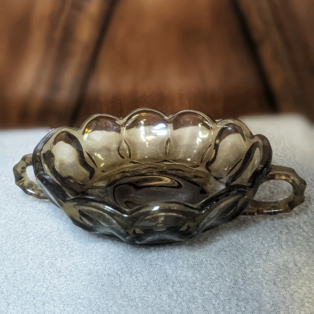 Vintage Anchor Hocking Fairfield Smoke Brown Glass Two Handled Candy Dish